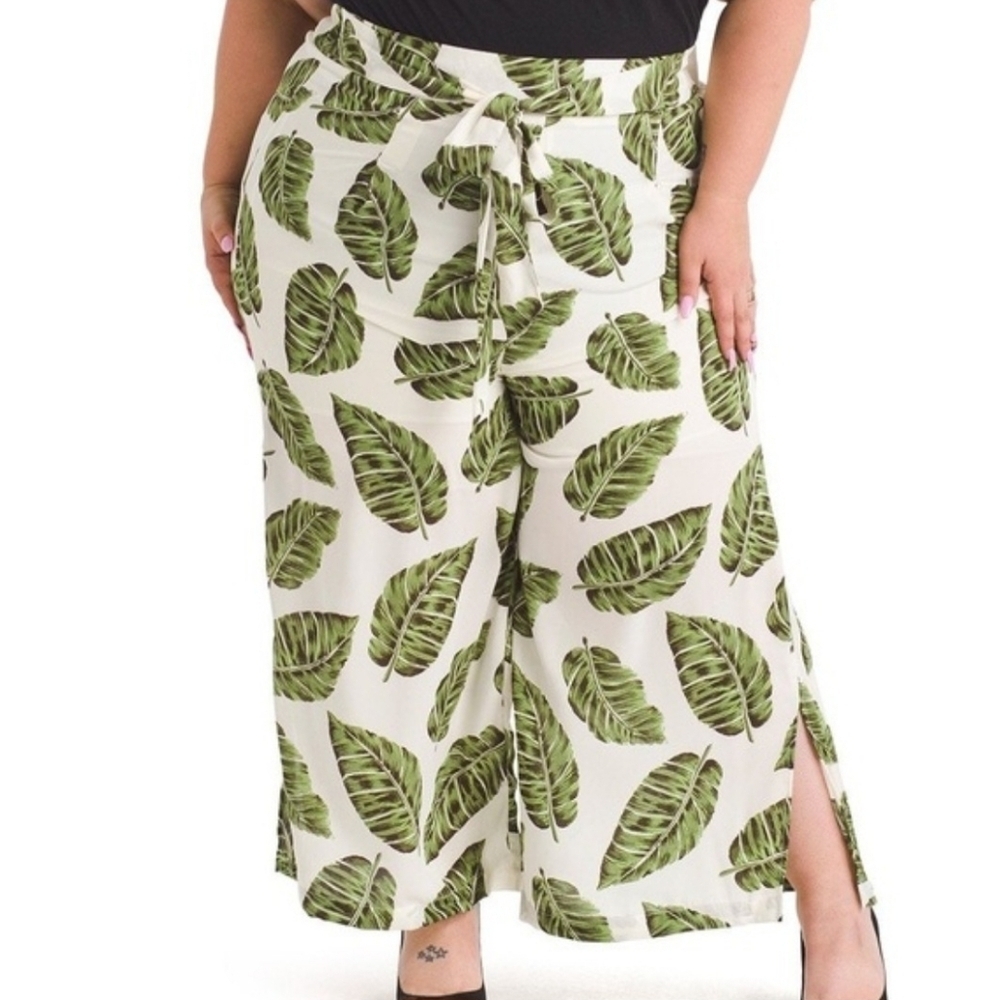 Gilli Green & Cream Tropical Leaf Print Wide Leg Pants size 3X